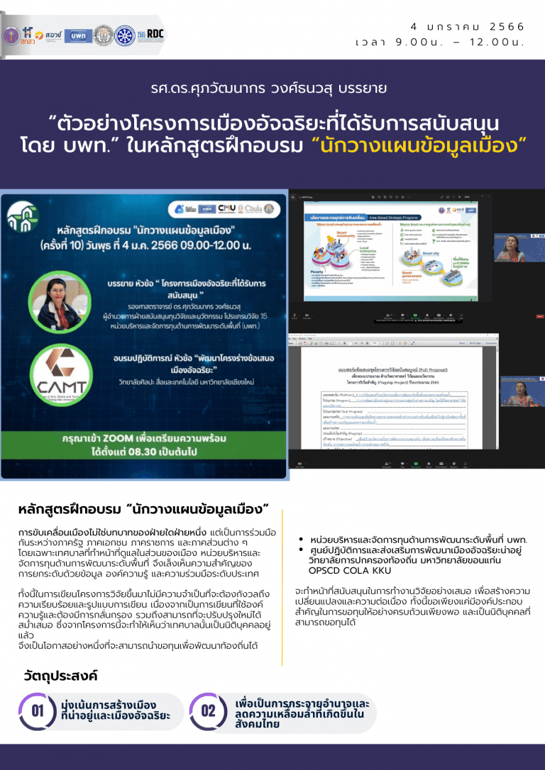 รศ.ดร.ศุภวัฒนากร วงศ์ธนวสุ บรรยาย “ตัวอย่างโครงการเมืองอัจฉริยะที่ได้รับการสนับสนุน โดย บพท.” ในหลักสูตรฝึกอบรม “นักวางแผนข้อมูลเมือง”